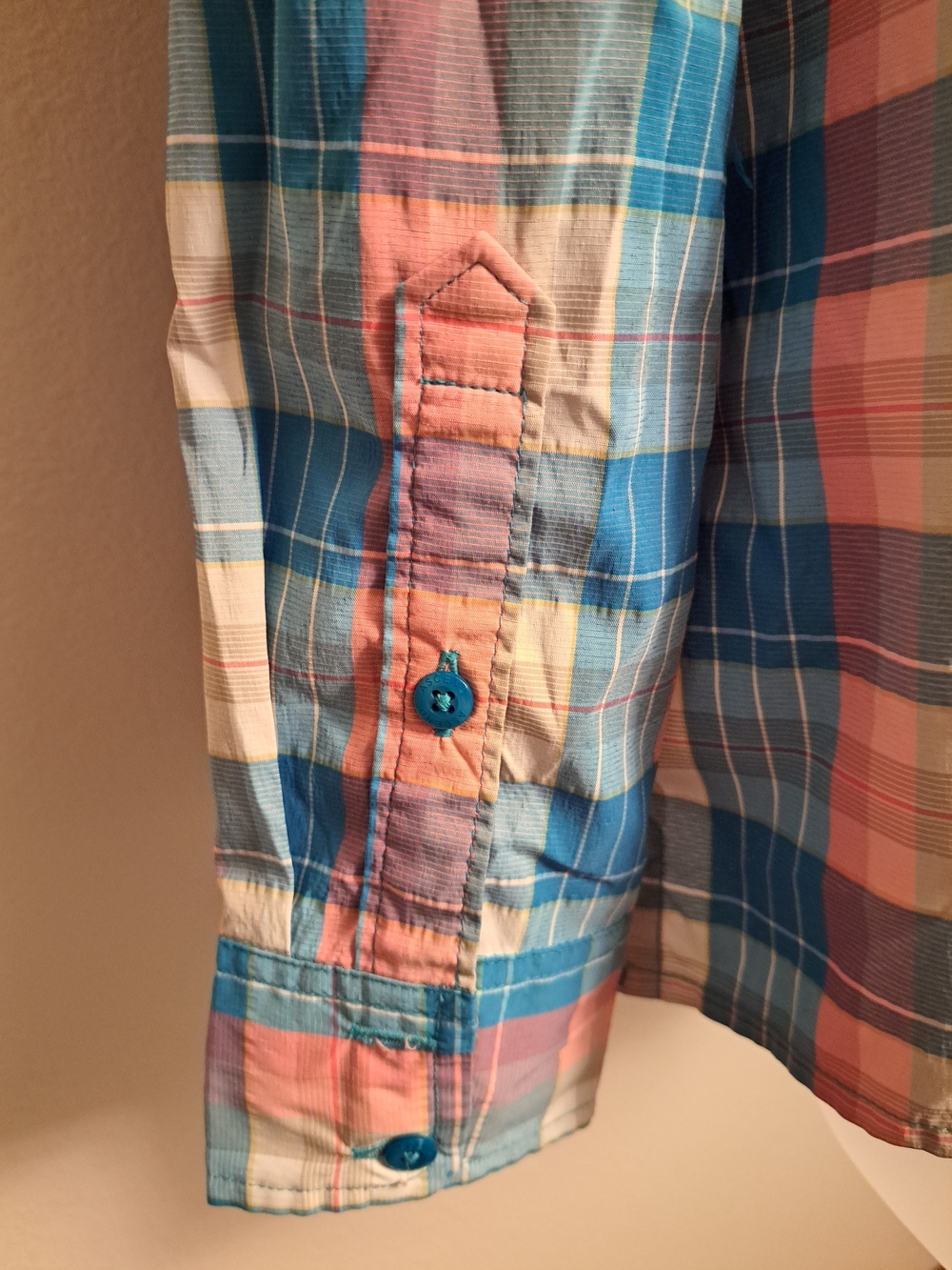 Ascend Lightweight Teal & Peach Plaid Casual Button-Down Shirt.Fishing,Hiking - Picture 5 of 9